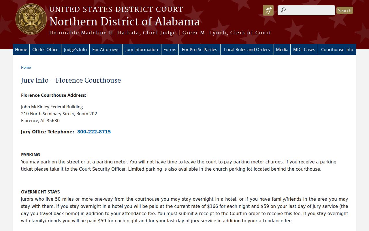 Lauderdale County court dockets Florence federal jury information