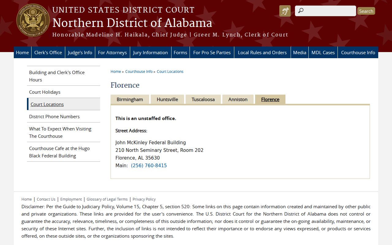 Lauderdale County court dockets federal Florence courthouse