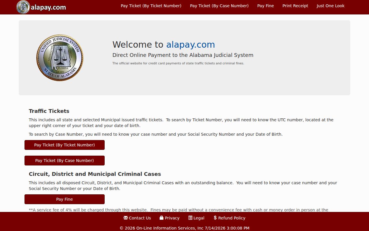 Lauderdale County traffic court records Alapay payment portal